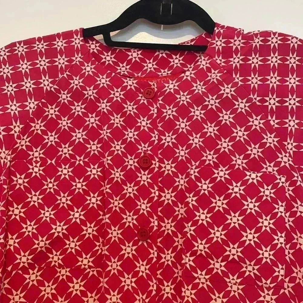 Vtg NWT Halston III Star Print Button Up Maxi Dress Fuchsia Shoulder Pads Sz 14 - Picture 5 of 9